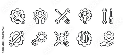 Industrial and engineering icons set, vector illustration of gears, wrenches, tools and hands for manufacturing, mechanics, and technical service.