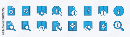 Instruction manual icons collection, vector set of blue document symbols, books, gears, search and information signs for user guides and technical documentation.
