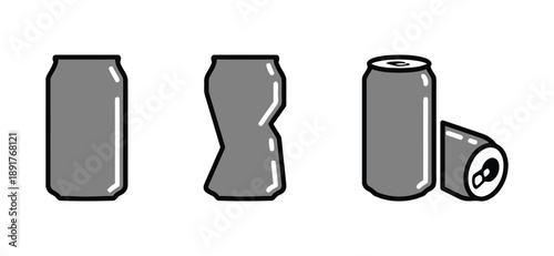 Minimalist icons of beverage cans in gray, depicting standard and damaged forms, suitable for recycling themes and drink-related design applications