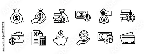 Money bag with dollar sign filled by hand, coins, wallet with coin, calculator with document, piggy bank, money stack, credit cards, bank notes, investment icons