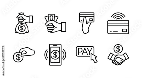 Modern flat design icons for financial transactions, depicting various payment methods like cash, credit cards, mobile payments, and online transfers.