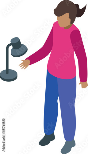 Woman adjusting desk lamp, preparing workspace for work, ergonomic workstation setup