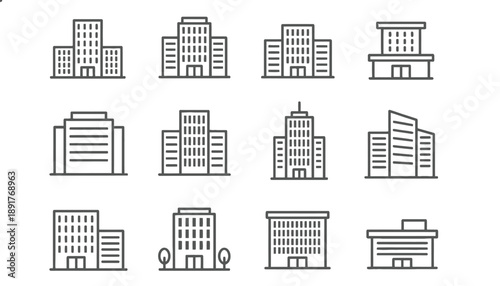 Twelve simple outline icons of different building designs, arranged in a grid. Each has unique detailing, showcasing a variety of architectural styles.