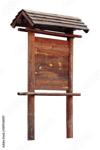 A blank rustic wooden information board with a shingled roof on transparent background.