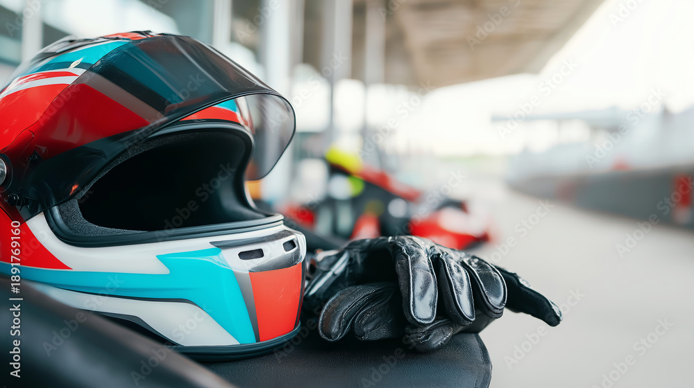 Fototapeta premium Helmet and racing gloves placed on a kart seat, a motorsport vehicle blurred in the background, a moment of pause before exhilarating speed