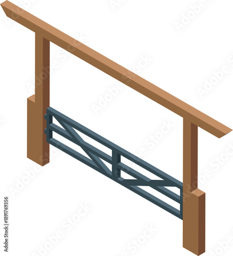 Isometric view of a sturdy wooden farm gate with metal bars, providing security and controlling access to a ranch or agricultural property