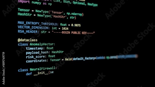 Developer typing Python script for cybersecurity encryption and firewall automation in 3D animation terminal for software development and network artificial intelligence database