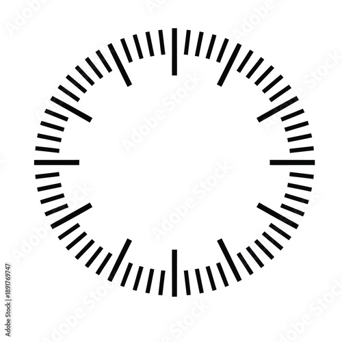 A simple black and white illustration of a clock face with minute and hour markers, but no hands, set against a plain white background.