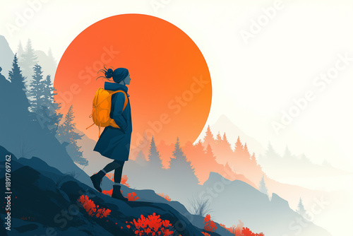 A person hikes along a mountainous ridge under a large sun, in a stylized landscape featuring silhouetted trees and a warm palette.