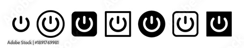 Power button icons in various shapes including circle, square and outline, representing on and off functions for electronic devices and technology