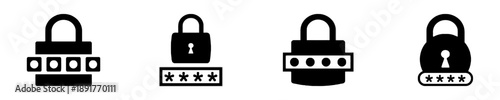 Padlock icons with pin code password field representing cybersecurity and data protection set of black lock symbols with dots and stars indicators for privacy safety and access control security