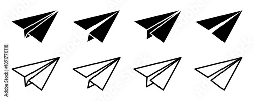 Paper airplane icons set, folded origami aircraft in black solid and outline styles, representing travel, communication, and ideas, on white background