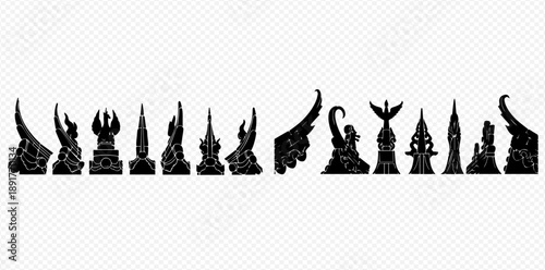 Set of black silhouettes of fantasy architectural elements and ornaments, isolated on a transparent background, suitable for game design or graphic projects.