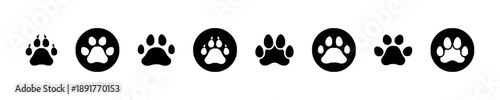 Paw print icons collection showing animal footprints in different styles and formats including circular and solid shapes for pet care and wildlife themes