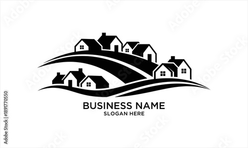 Monochromatic Village Landscape Logo Design with Winding Path.