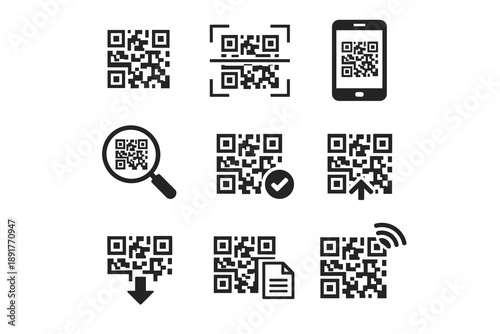 QR code scan and mobile interaction black icon set including smartphone scanning, verification, download and wireless connection symbols