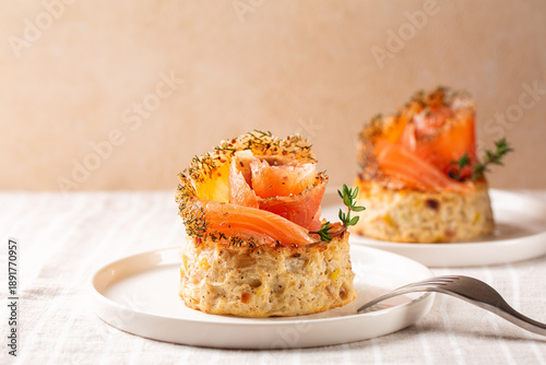 Tableau sur toile Smoked  salmon and vegetable flan or sformatino,  made with cauliflower, leek, egg, ricotta and parmesan cheese