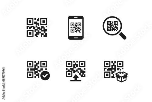 QR code icon set with scan, mobile phone, search, verify, upload and delivery symbols, flat vector illustration for apps, UI, web design and digital tech concepts UX icon