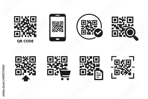 Line Art Vector Illustration Set of QR Code Application Icons for Scanning, Mobile Access, Payments and E-Commerce