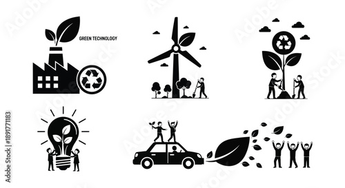 Icons representing green energy sustainability and environmental protection concepts