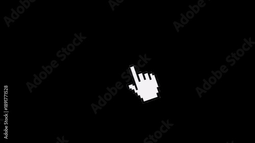 A classic retro-style pixel hand cursor performing a click animation with red signal lines, ideal for UI/UX tutorials and web navigation visuals.
