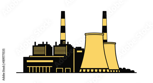 Stylized illustration of a power plant with smokestacks and cooling towers