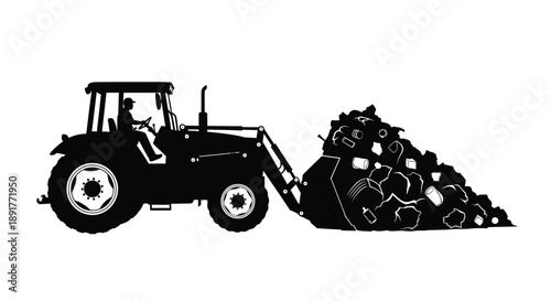 Black silhouette of a tractor lifting a pile of rocks with its front loader