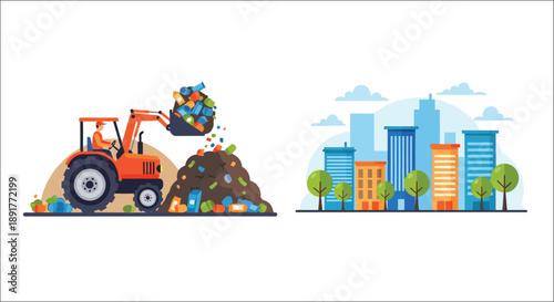 Construction vehicle dumping waste near a simplified cityscape illustration