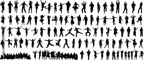 People silhouette collection showing diverse human poses and activities, black vector figures set, crowd lifestyle concept on white background