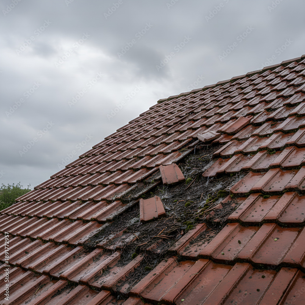 Fototapeta premium Close-Up of Storm-Damaged Roof with Displaced and Broken Tiles – Leak Risk and Repair Concept