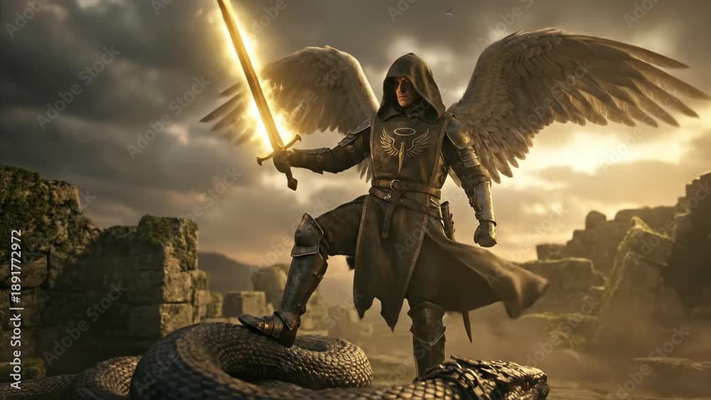 Archangel michael victory over chained serpent in stormy sky. Religious ...
