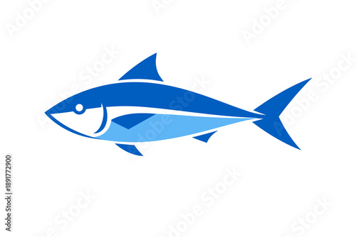 Blue fish icon in flat vector style, minimal illustration of seafood symbol representing fishing, marine life, ocean nature and healthy food concept design