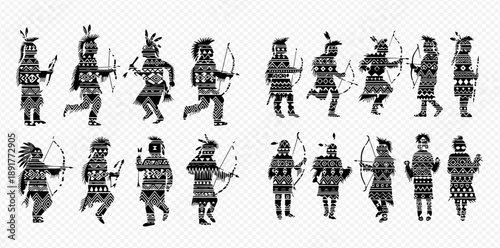 Set of Native American Indian warriors with bows and arrows in various poses, black and white silhouettes.