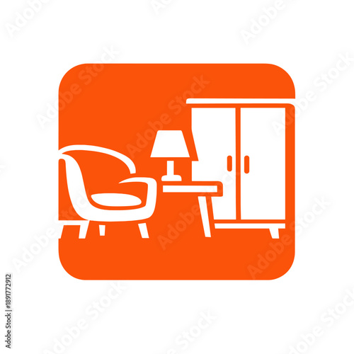 Bedroom furniture interior icon with armchair, bedside table, lamp and wardrobe in modern flat design style