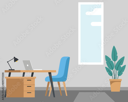 A home office setup with desk chair and plant isolated on transparent background