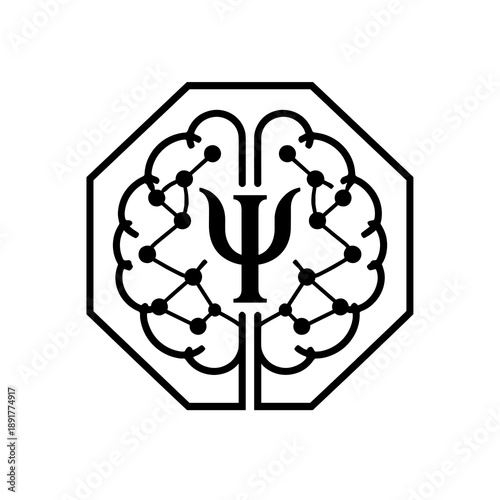 Psychology and neuroscience symbol illustration with human brain, neural connections and psi sign