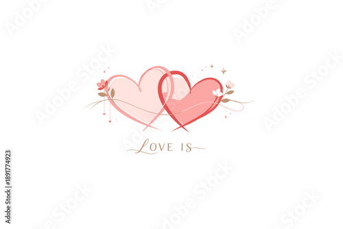 Soft romantic illustration of intertwined pastel hearts with floral accents and elegant “Love is” lettering for wedding and Valentine designs