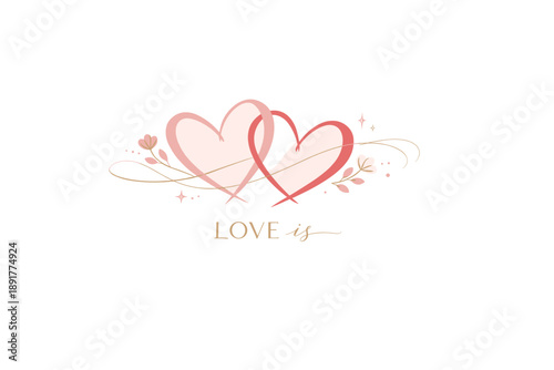 Elegant romantic intertwined hearts illustration with soft pastel colors and “Love is” lettering for wedding and Valentine designs