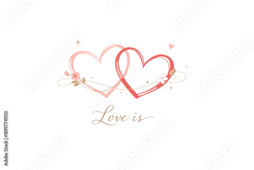 Elegant romantic illustration with intertwined hearts and soft “Love is” lettering