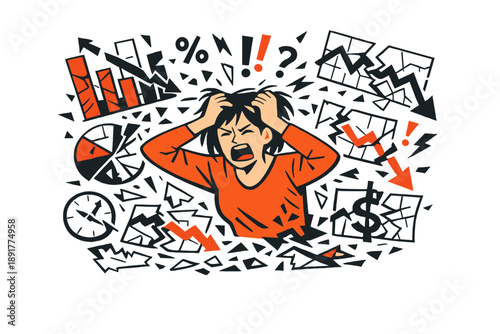 Flat vector illustration of a stressed woman holding her head, surrounded by chaotic financial symbols including falling charts, broken graphs, percentages, clocks, and currency signs.