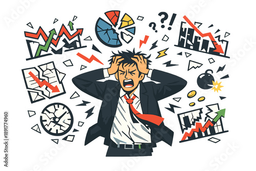 Flat Vector Illustration of Stressed Businessman Surrounded by Financial Problems – Business Crisis Concept