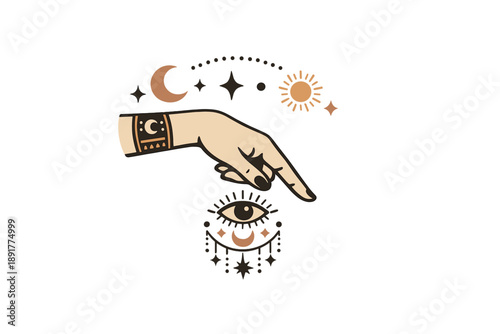 Mystical pointing hand illustration with third eye, moon, sun and celestial spiritual symbols
