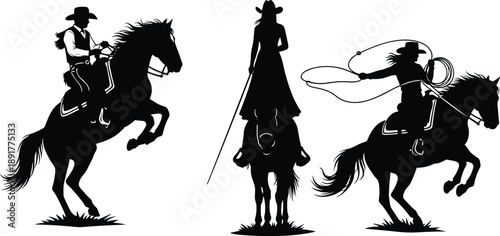 Black silhouette vector set of cowboys and cowgirls riding horses featuring a rearing horse a lasso throwing rider and a traditional western rider silhouette