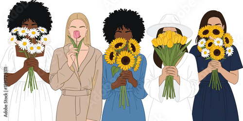 Flat vector illustration of a diverse group of women holding large bouquets of sunflowers daisies and tulips isolated on white background