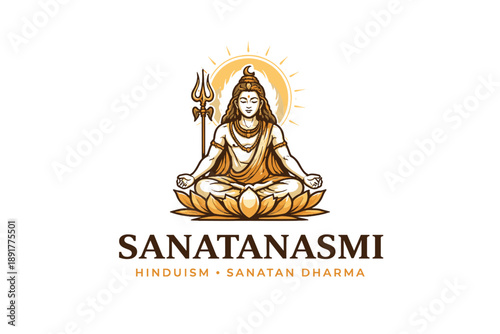 Shiva in lotus pose with trident logo for eternal dharma, Hinduism spiritual emblem, vector illustration