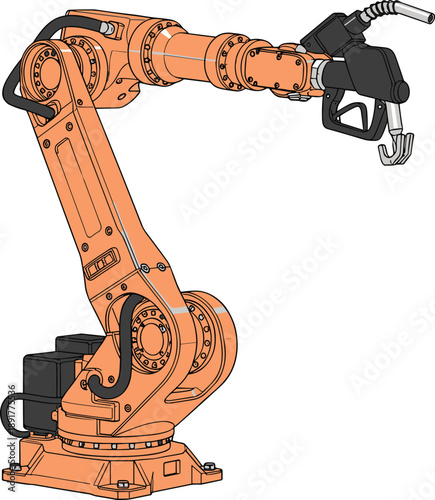 Flat vector illustration of an orange industrial robotic arm with a fuel nozzle isolated on white background for automation technology and futuristic gas station design