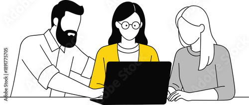 Group of professional coworkers including bearded man and women in glasses working together on laptop computer for corporate business project strategy and collaboration