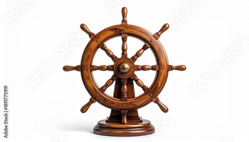 Traditional wooden ship wheel with eight spokes mounted upright on a stand, polished finish, nautical style.