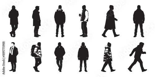 Young man casual winter outfit silhouettes set vector illustration, modern male people walking standing poses black silhouette collection vector illustration