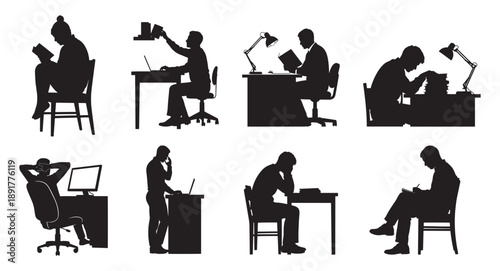 Studying people working silhouettes set with students reading writing and desk work scenes vector illustration